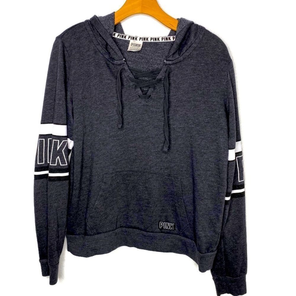 PINK by Victoria’s Secret Grey Pull Over Hoodie with Lace Up Detail XS